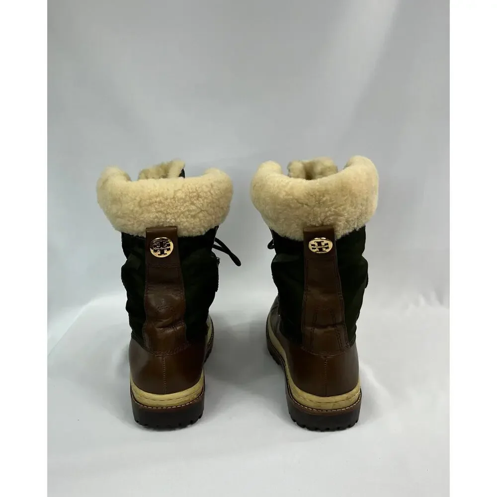 Tory Burch Duck Boots Nylon Leather Lace Up Sherling Womens 7 1/2
